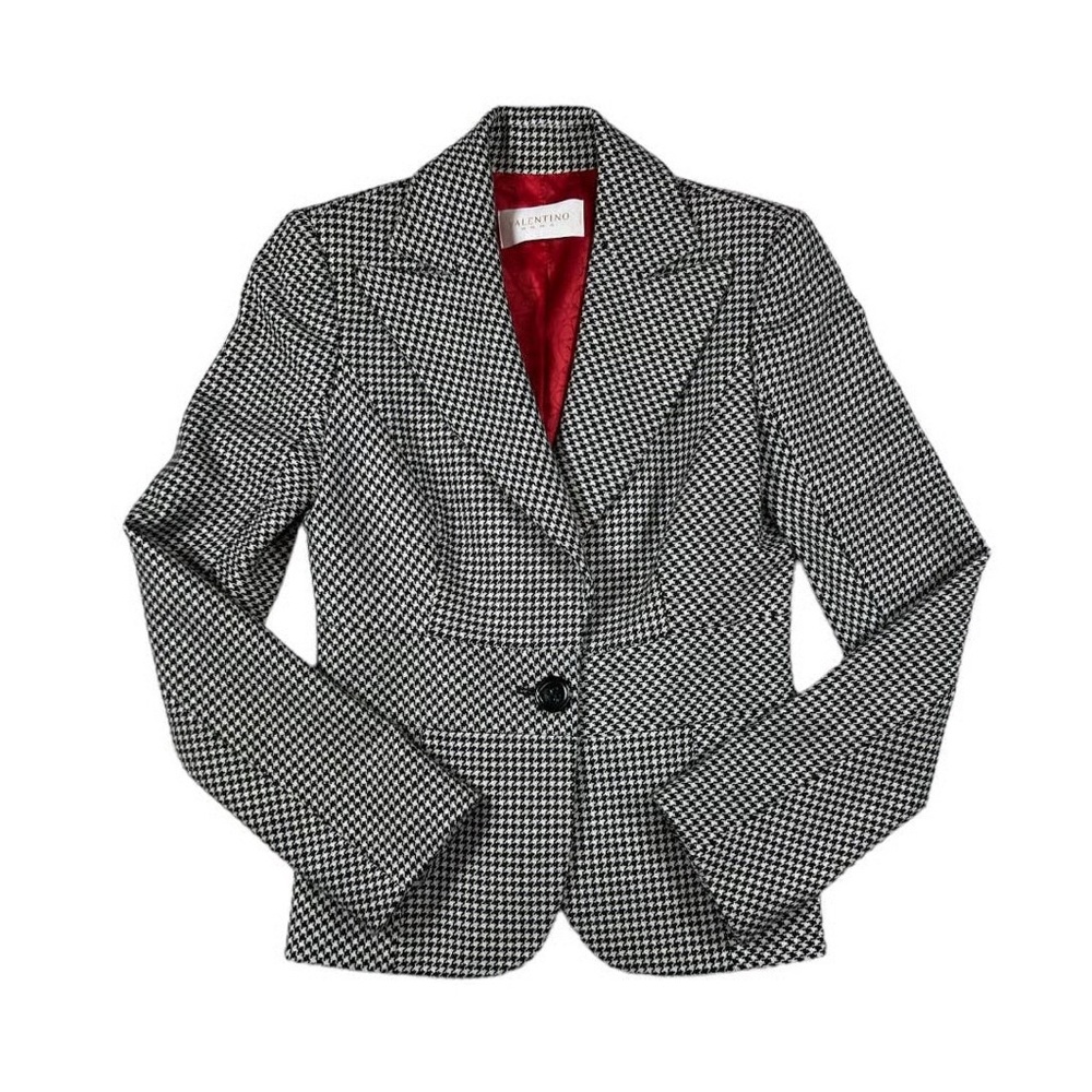 VINTAGE Valentino Women's Houndstooth Blazer with Red Silk Lining sz LARGE